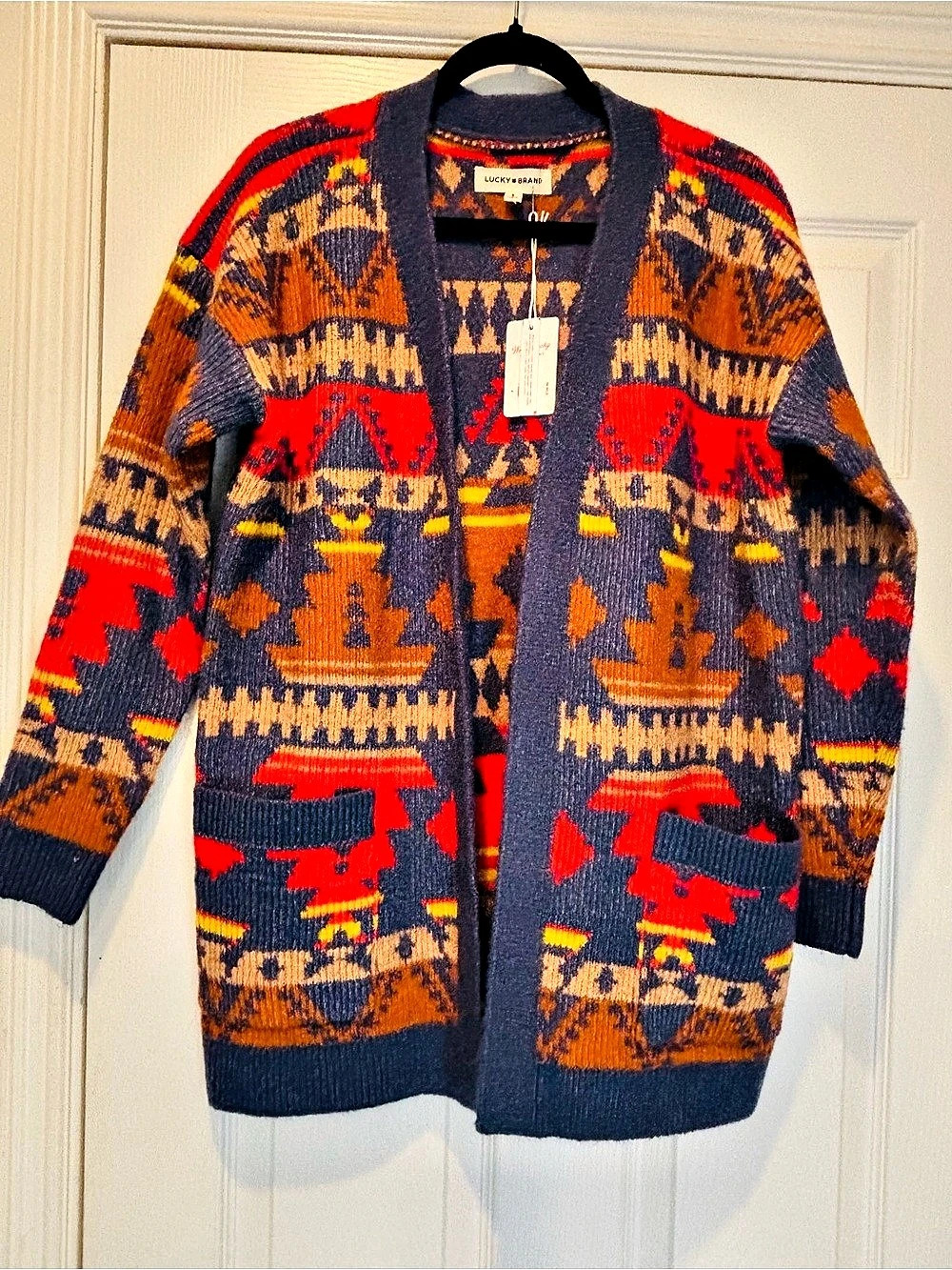 Lucky Brand Southwestern Print Shawl Cardigan Blue & Red Medium